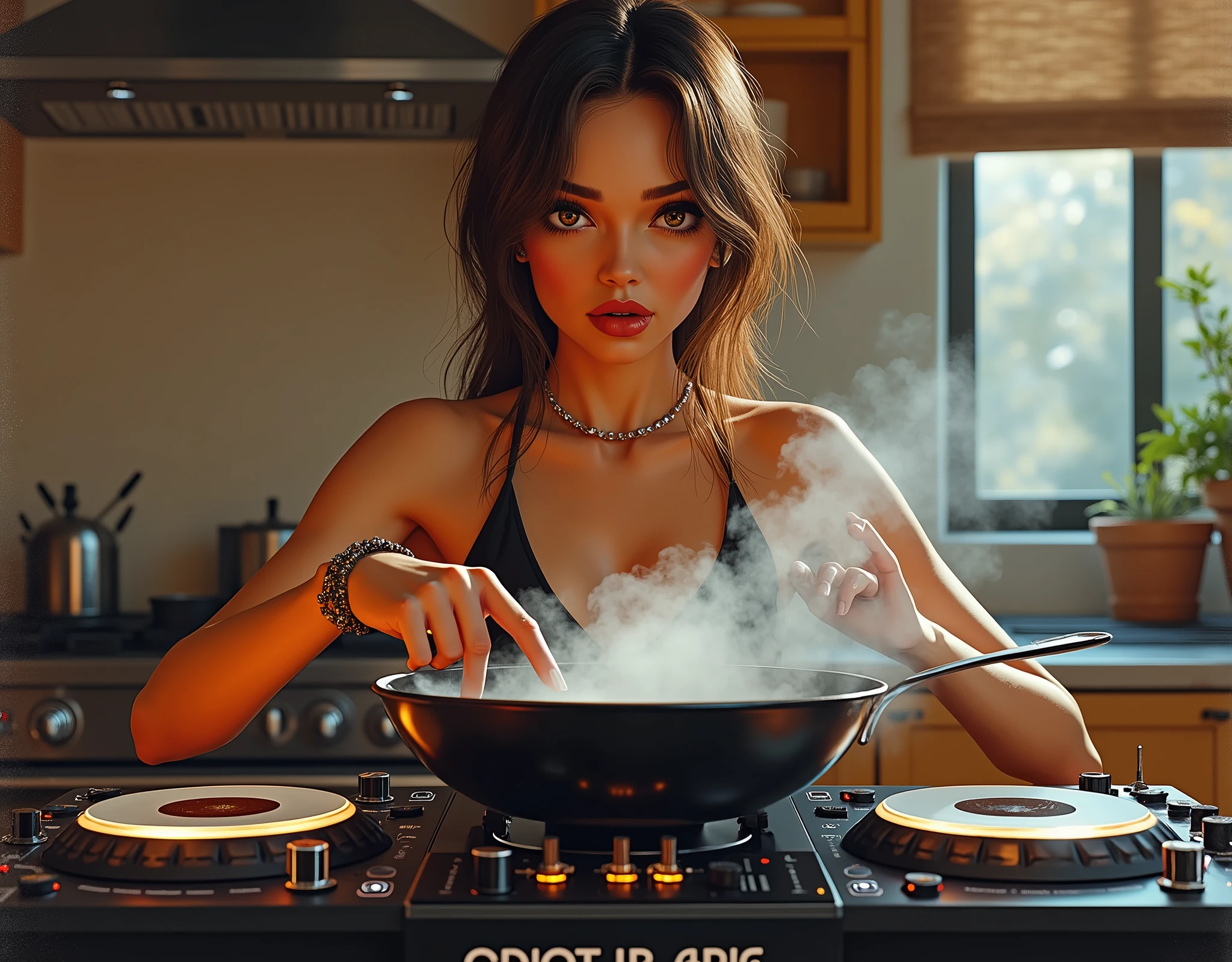 a female DJ performing cooking gestures with a frying pan on DJ decks on a stove, beautiful detailed eyes, beautiful detailed lips, extremely detailed eyes and face, long eyelashes, painting, oil painting, 8k, high quality, hyperrealistic, intricate details, vibrant colors, dramatic lighting, cinematic composition, dynamic pose, steaming frying pan, kitchen stove, modern kitchen interior, warm color tones, photorealistic