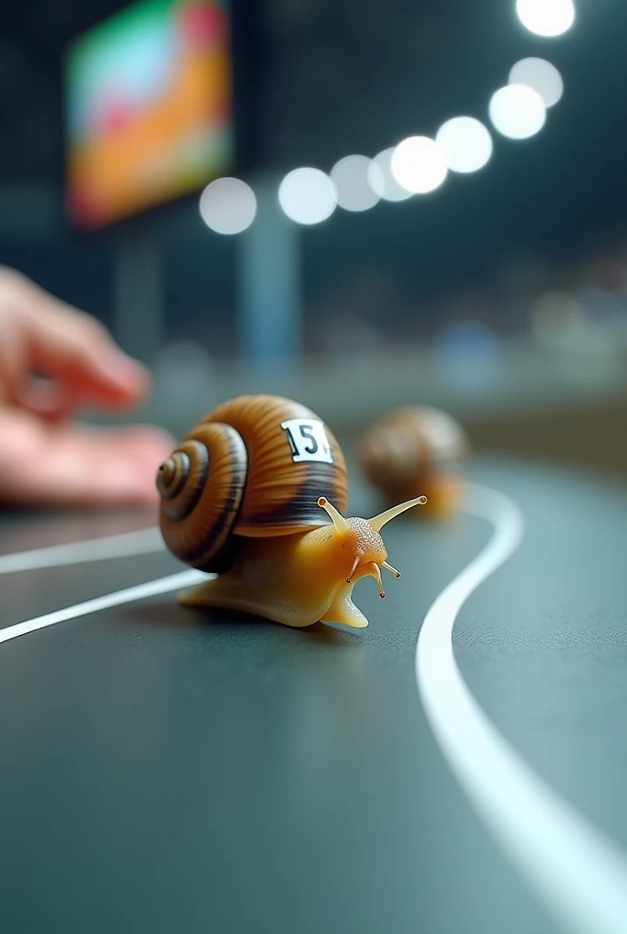 A 10 Cerithidea obtusa((rabbit snail)). Racing on track. . Tilt shift photography. Live streaming on tv. Human hand background. Have a number on shell.