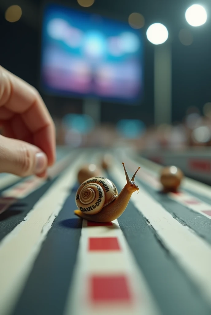  A 10 Cerithidea obtusa((rabbit snail)). Racing on track. . Tilt shift photography. Live streaming on tv. Human hand background. Have a number on shell.