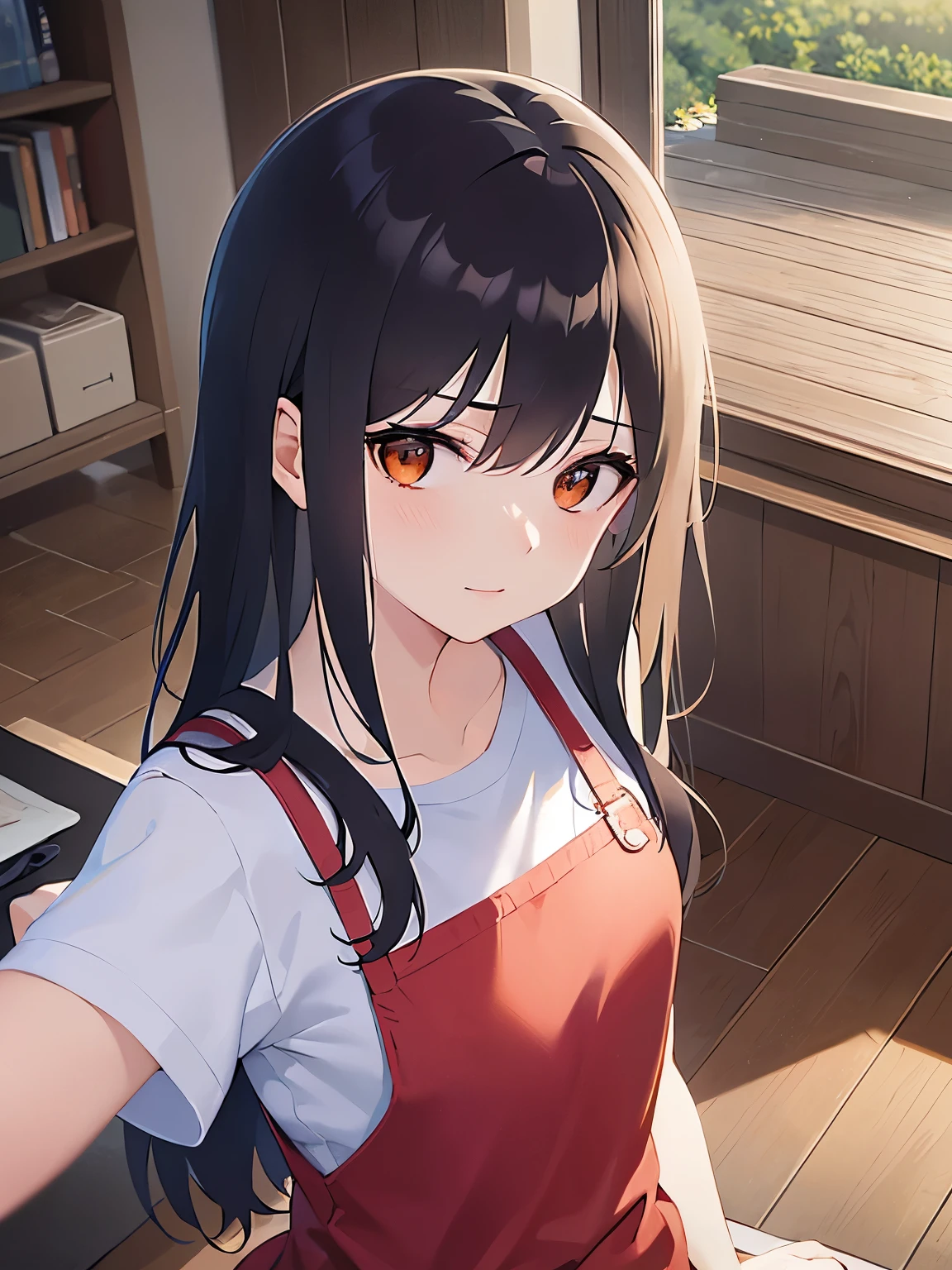 Shooting from above、looking up, thin arms、emaciated, (scrawny:1.3), (small:1.5) and (breasts)、Upper Body, Highest quality、masterpiece、(A 25-year-old woman with medium-length hair and bangs) and (wavy hair) and (brown hair) and (orange eyes) , Wearing a white T-shirt 、Red Apron、Sad smile, The background is the living room、Alone、Are standing、