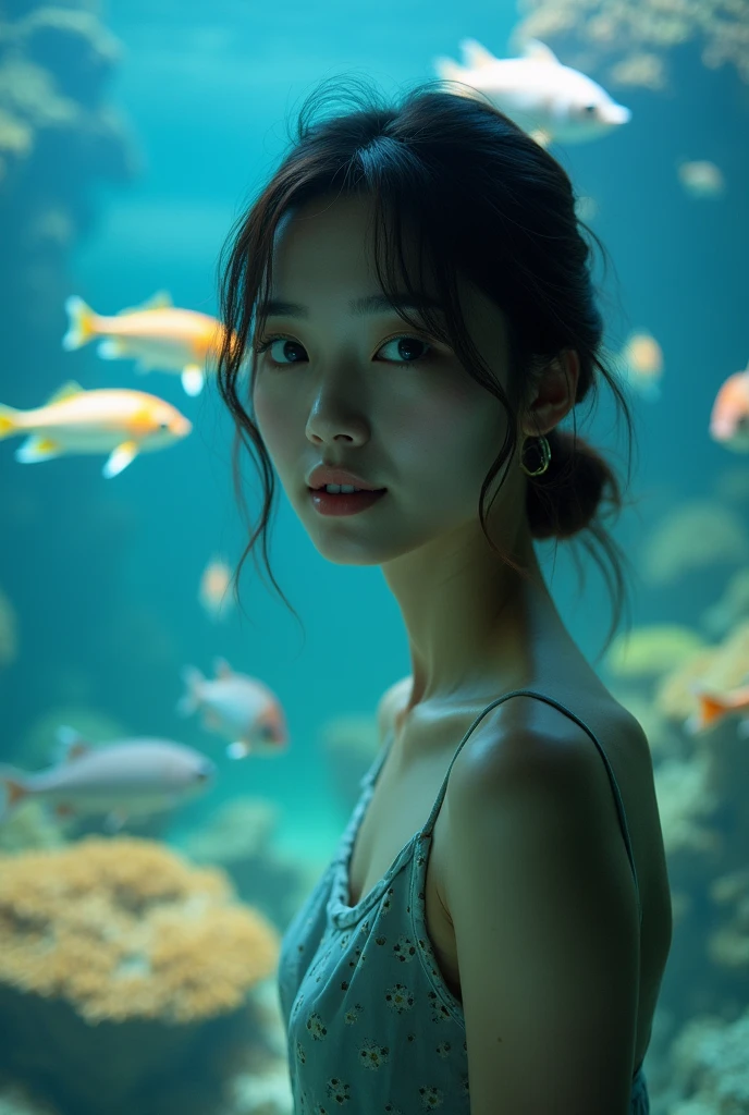 Very delicate and beautiful, wonderful, In detail, masterpiece, Very detailed, High resolution,Best Shot, Best Shadow,Complex,Sharp focus, high quality, 1. Japanese women, alone.cute,Fuka Koshiba,Yuki Sakurai, aquarium, Aquarium fish, Colorful coral reefs, Woman observing fish, Woman reflected in aquarium、Fish are swimming everywhere, Lens flare,Sleeveless,Beautiful breasts,Cool eyes,Glossy Lips,smile,Glowing Skin,Beautiful Skin,From below,From the waist up、Front blur、OMeters-D E-Meters1 Metersark III,Meters.Zuiko Digital ED 17mm F1.2 Pro,f2.8、Looking into the camera、Waistline、Churaumi