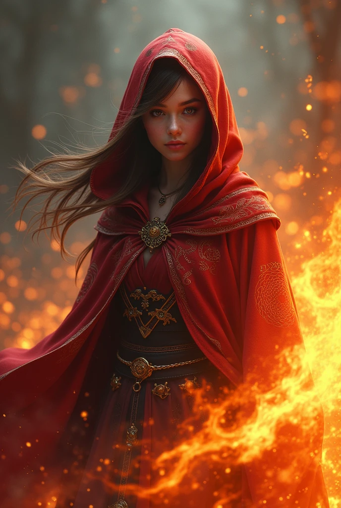 Grandmaster of Fire, female, realistic, hooded cloak, beautiful, mystic, young
