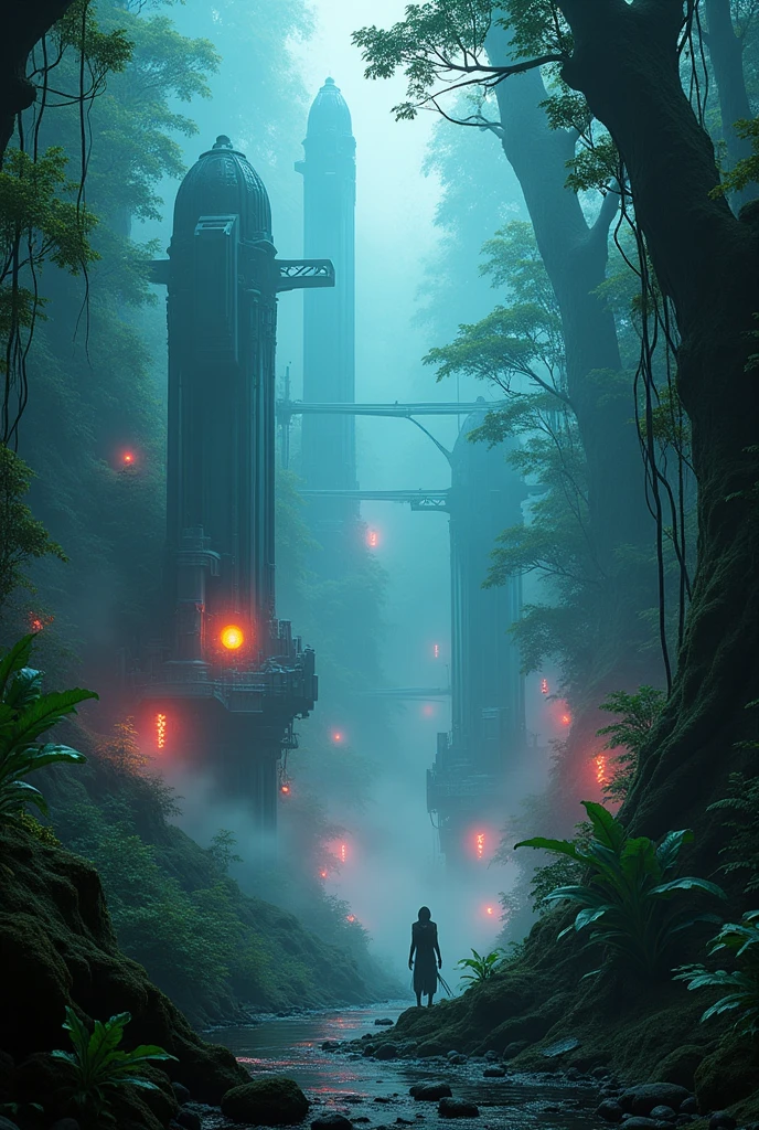 A cyberpunk extra terrestrial rain forest with extraterrestrial alien architecture  with aliens in the forest mist smog and fog with digital uv glowing lightings twilight    