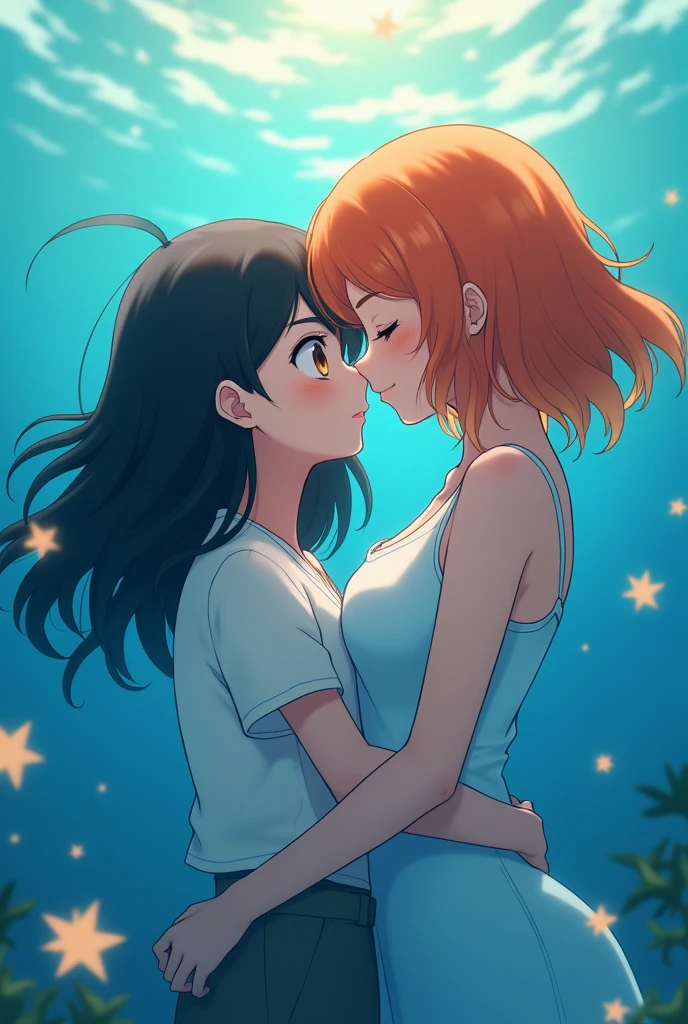 Wallpaper,masterpiece,High resolution,8K, anime
( ash_pokemon; black hair, brown eyes)(Misty_Pokemon)(1 18-year-old girl)
(Orange Hair,one side up hair, close eyes,Small breasts,Skinny, beautiful smile) cute girl, siren, kiss couple, kiss underwater,love