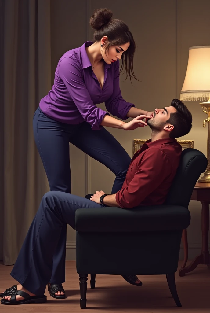 Beautiful Mistress,brown bun hairs, wearing purple boot-cut pants, wearing purple blouse, wearing black home sandals,mistress shouting on man,tying with rope, man tying in chair , man is mistress's hostage, mistress puts her foot on man's face, foot on face