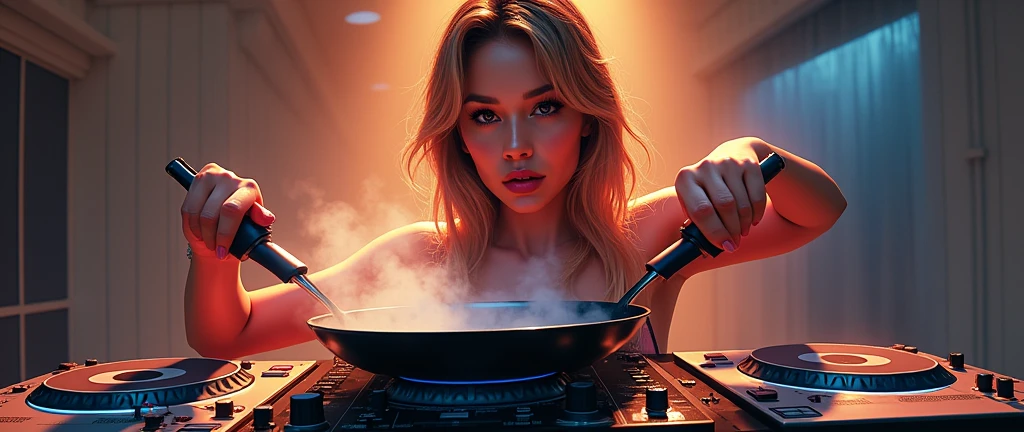 a female DJ performing cooking gestures with a frying pan on DJ decks on a stove, beautiful detailed eyes, beautiful detailed lips, extremely detailed eyes and face, long eyelashes, painting, oil painting, 8k, high quality, hyperrealistic, intricate details, vibrant colors, dramatic lighting, cinematic composition, dynamic pose, steaming frying pan, kitchen stove, modern kitchen interior, warm color tones, photorealistic