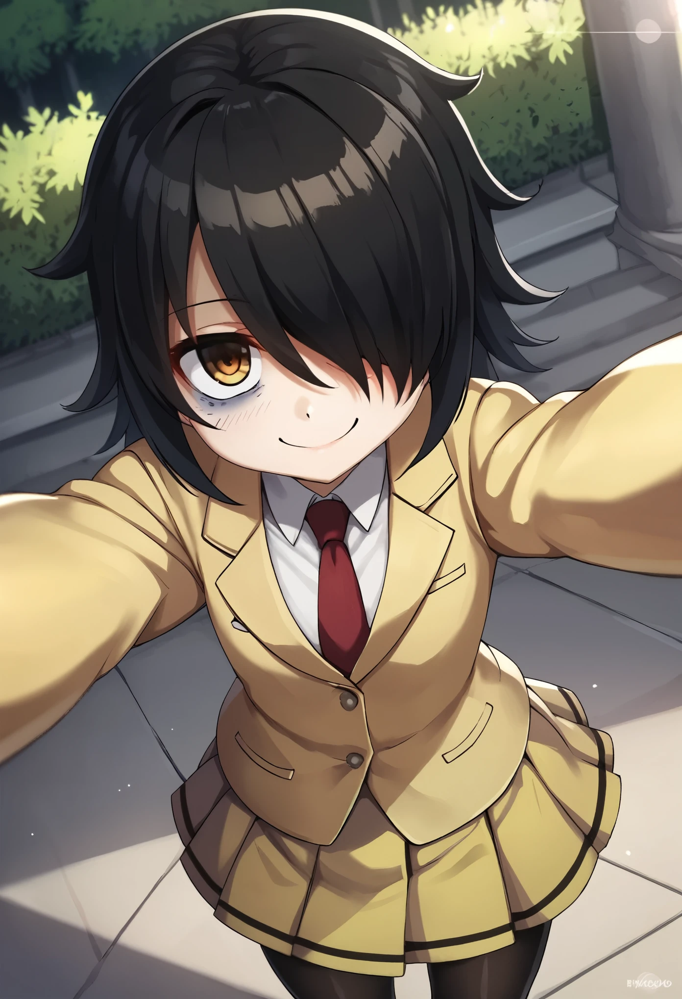 score_4, score_5, score_6, score_9, score_8_up, score_7_up, solo, tomokoxl, hair over one eye, bags under eyes, black hair, school uniform, black pantyhose, red necktie, yellow skirt, pleated skirt, yellow jacket, pov, selfie, smile, outdoors, street, day