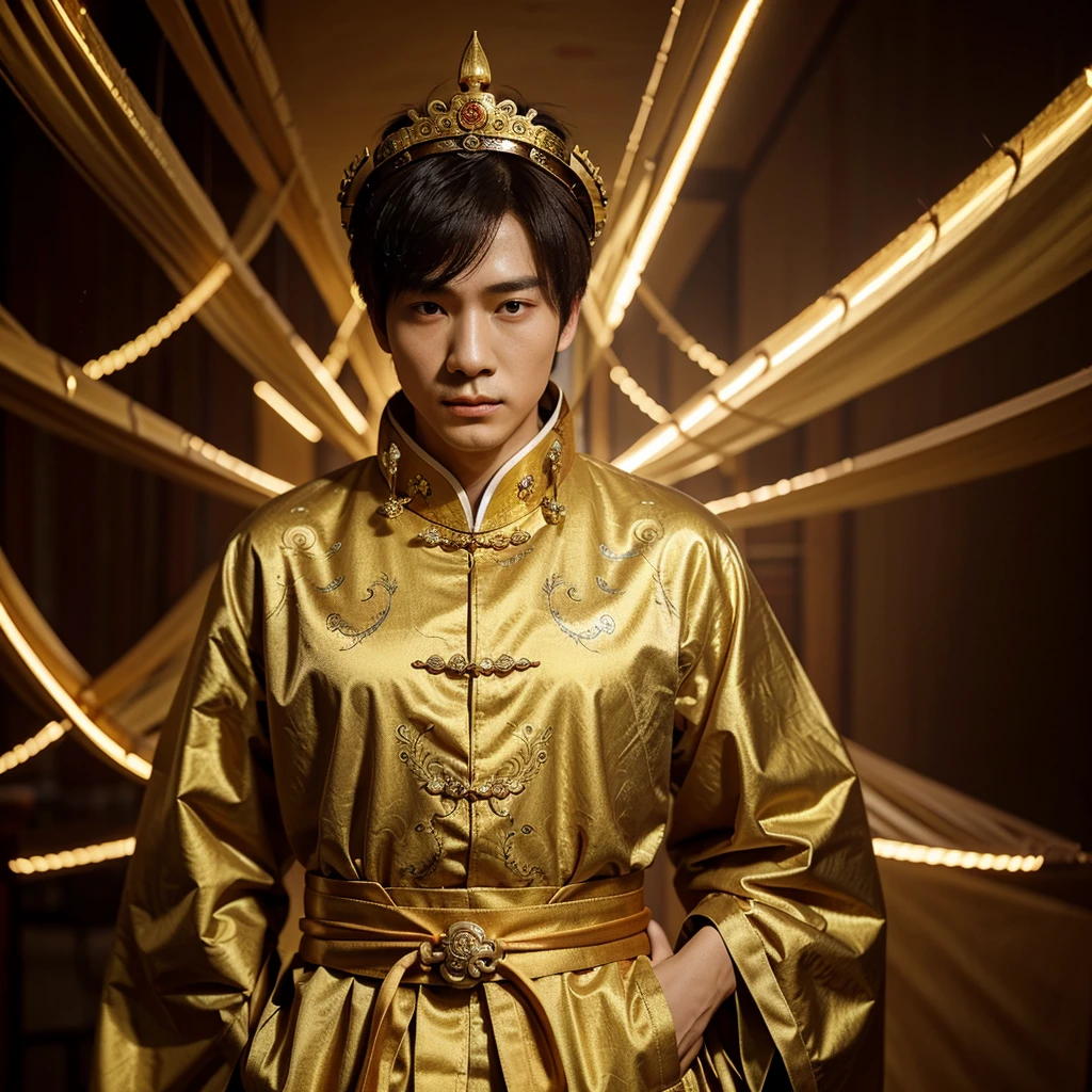 Xiao Zhan was dressed as an emperor of the Qing Dynasty, wearing a golden robe with a dragon pattern and a magnificent head accessory