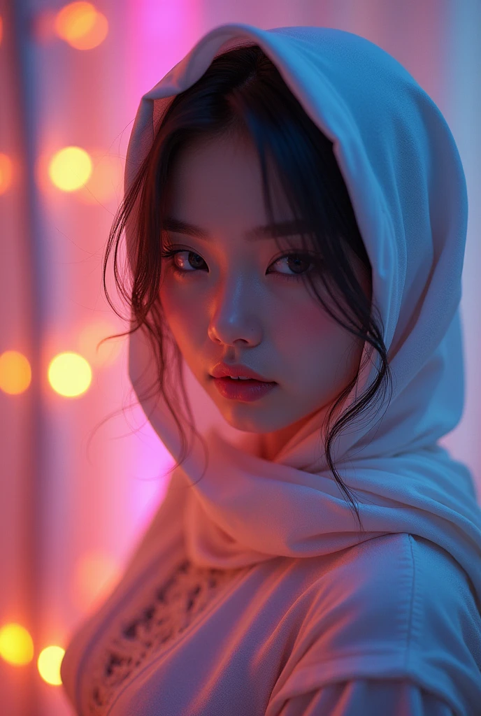 Browsing Caution,Highest quality, Best image quality, RAW Photos, Realistic, Photorealistic, Very detailed and beautiful, Best details, One Girl, good looking, Beautiful white skin and glow, Beautiful eyes are narrow and bright, Small mouth and thin lips, Hijab, Good style, slender and beautiful big breasts:1.3), 彼女は明るい性格とcute笑顔を持っています......, Natural Makeup, cuteディテールと広い胸を備えたパールピンクリパンタシーシースルーコスチューム:1.5), cute, A beautiful girl illuminated by rainbow lights, Iridescent colors,