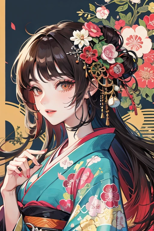 A beautiful woman in a kimono shows her upper white teeth、Vividly colored Japanese Ukiyo-e style illustrations、SeaArt creates stunning illustrations of beautiful women in kimono、Brown-black long hair、Full Body Style、Beautiful digital illustrations,、Beautiful digital painting, Anime CG art, Detailed digital anime art, Beautiful anime portraits