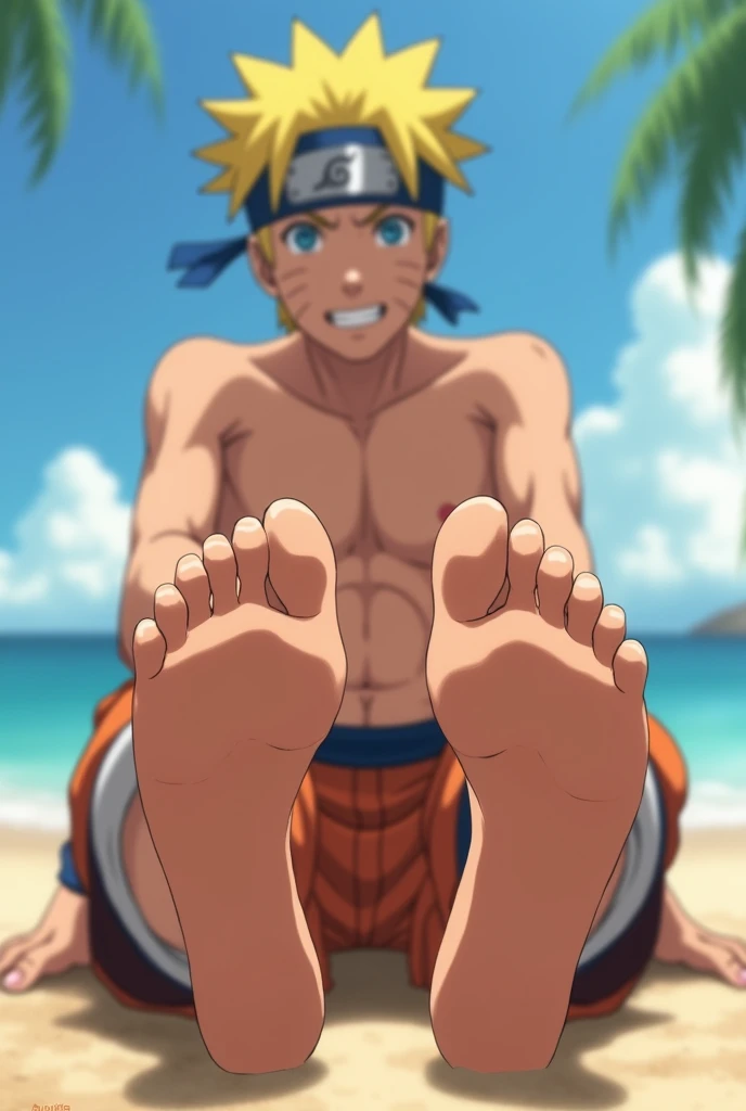 Animated image showing realistic style with HD quality of Naruto Uzumaki barefoot Sitting on the beach smiling shirtless Showing the sole of his feet close to the camera 4 toes and 1 thumb on each foot 2 feet Showing soft texture details Showing lighting on his feet Showing perfect feet Showing six pack Anatomically correct animation Wearing a loincloth