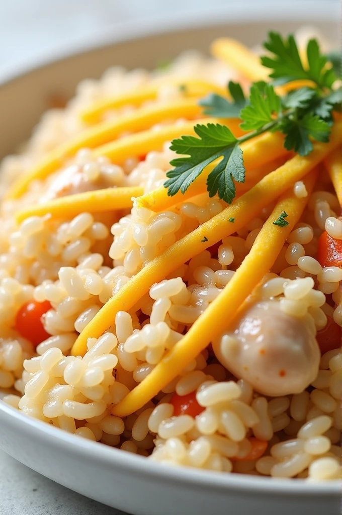 Fried rice photo + Cut the eggs into strips + Tear the chicken into strips
