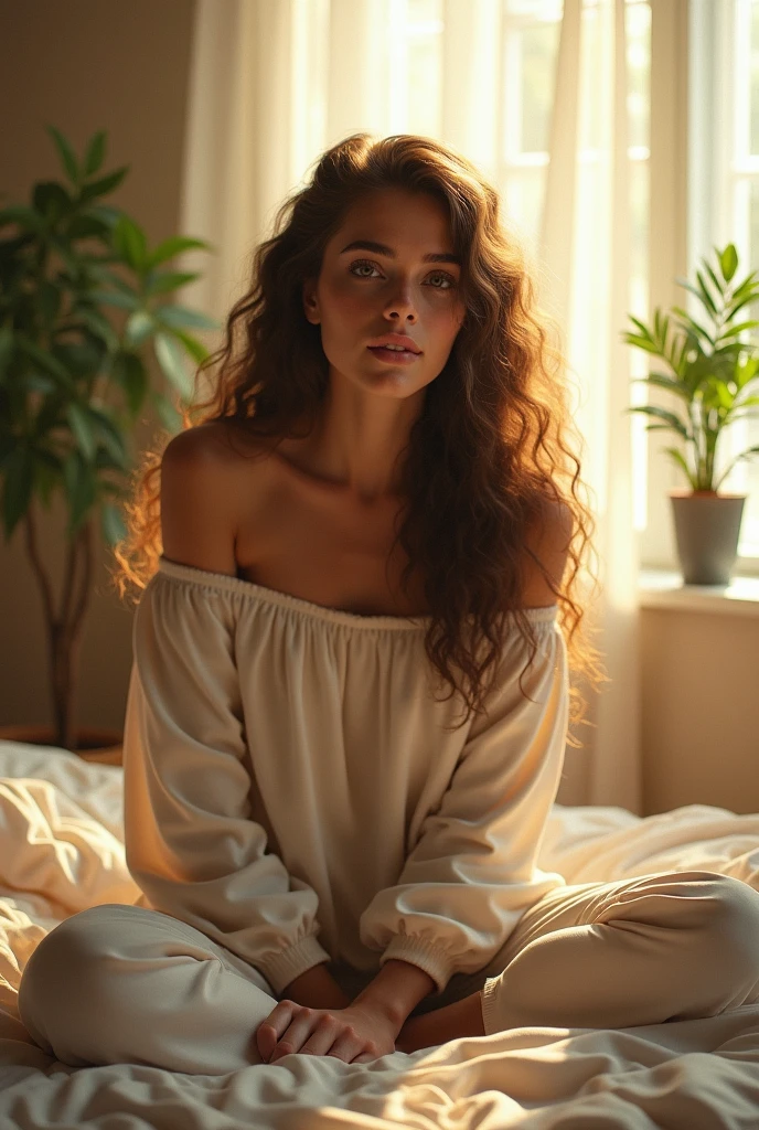 (photorealism:1.2), beautiful woman, sitting on bed, wearing loose off-shoulder top, pajama pants, long curly hair, indoors, soft lighting, plants in background, window with sunlight, cozy room, relaxed pose, realistic, intricate details, warm colors, by Greg Rutkowski, by Alphonse Mucha
