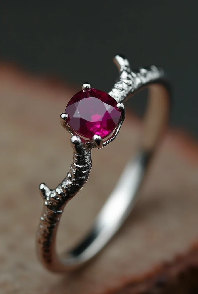 Elegant thin branch shaped engagement ring with stone, a ruby