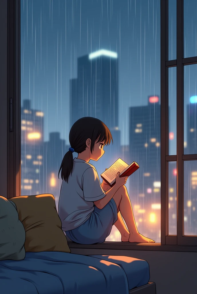 "Create an anime-style illustration of a young girl sitting by a window, reading a book while it rains outside. The scene should be set in a cozy Tokyo apartment. The girl should be depicted with a relaxed and focused expression, dressed in casual, comfortable clothing. The window should feature raindrops cascading down, with a blurred view of Tokyo’s skyline in the background, including iconic high-rise buildings and city lights. Use a soft, warm color palette to evoke a serene and peaceful mood, highlighting the contrast between the cozy indoor setting and the rainy urban landscape outside."