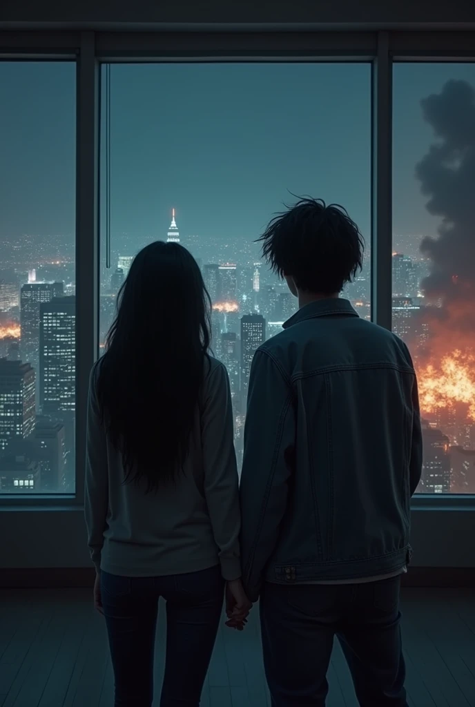 You can recreate an image like the last scene of "The Fight Club" Turning your back and facing a large window with a view of the night and the city, seeing a couple of explosions in the background, The only difference is that Marla is a girl with long black hair., and the narrator a boy with medium-long hair, black and cracked and a denim jacket.
