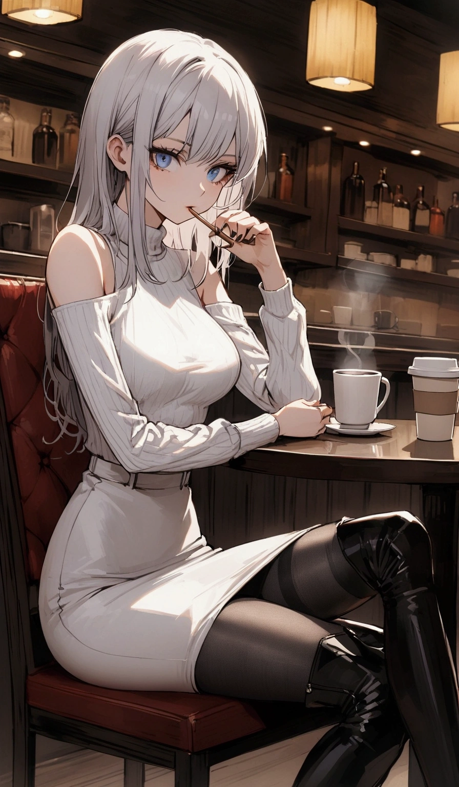 woman, stoic, straight silver hair, blue eyes, wearing long sleeve turtleneck sweater, pencil skirt, long boots, medium breasts, eyelashes, panty hose, (full body), exposed shoulders, sitting on chair drinking coffee in a restaurant, scar on face, elegant