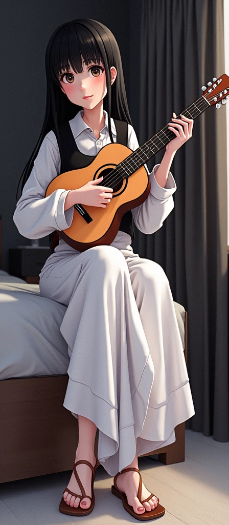 Straight black hair, brown skin color, sitting on the bed, playing guitar, 