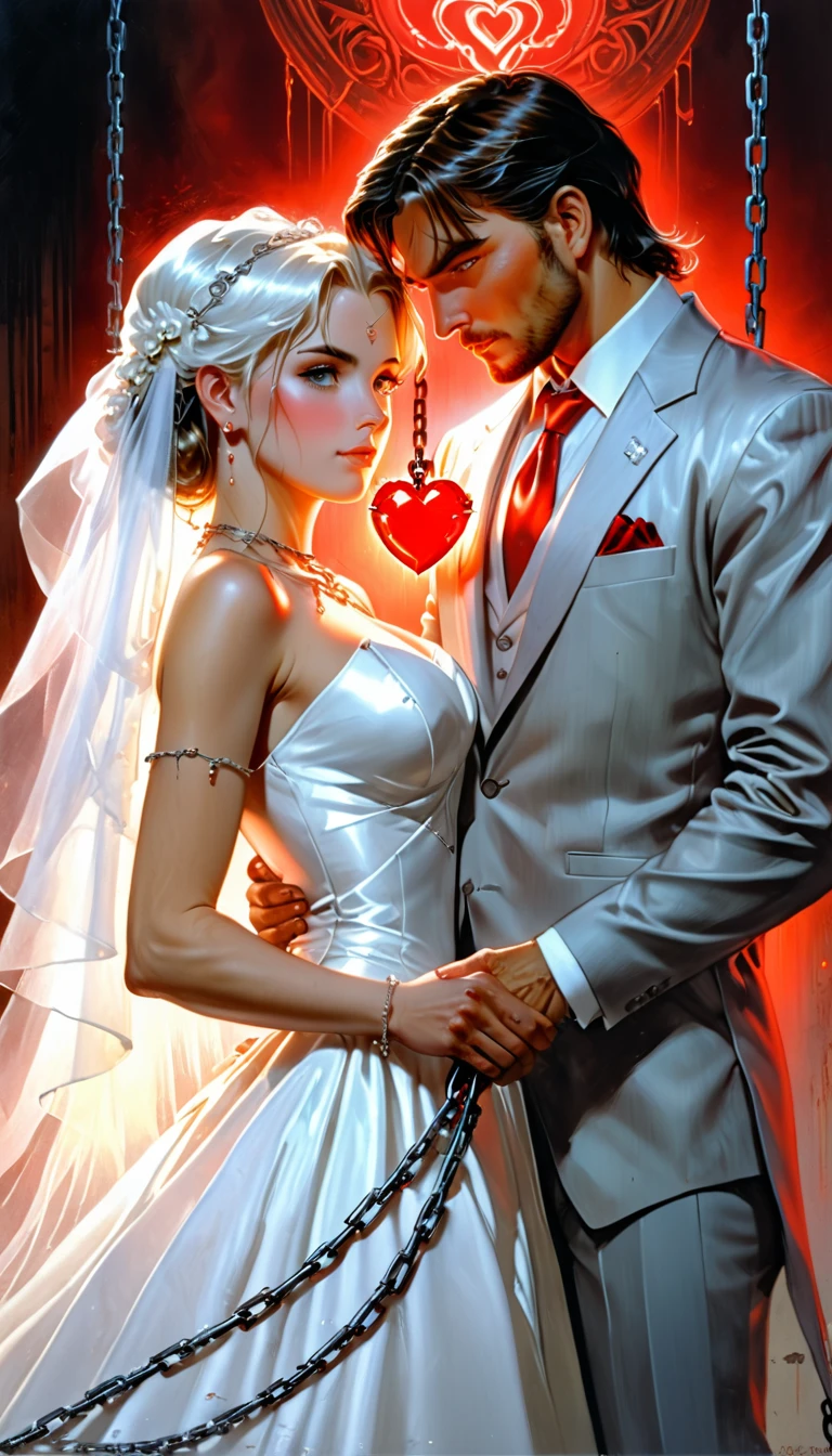 oil painting anime comic art, Larry Elmore, art of a groom held by ((radiant chains)), in his wedding day and his bride, a handsome groom, wearing suit and tie, BREAK a beautiful, sexy bride, busty bride, wearing white leather wedding dress, the chain holds the groom, with chains, the chain forms the shape of red glowing heart, cinematic light, High Detail, Ultra High Quality, High Resolution, 16K Resolution, Ultra HD Pictures, Ultra Realistic, Clear Details, Realistic Detail, Ultra High Definition,