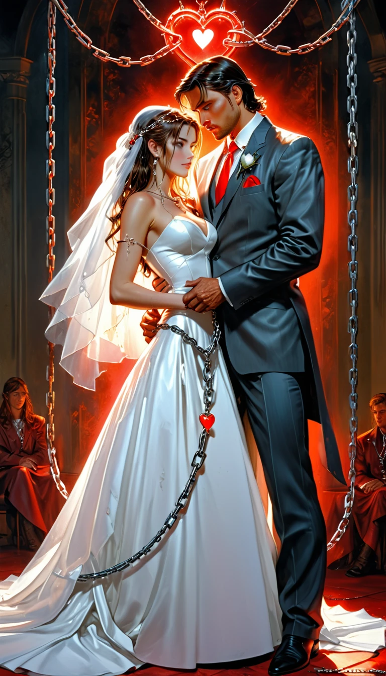 oil painting anime comic art, Larry Elmore, art of a groom held by ((radiant chains)), in his wedding day and his bride, a handsome groom, wearing suit and tie, BREAK a beautiful, sexy bride, busty bride, wearing white leather wedding dress, the chain holds the groom, with chains, the chain forms the shape of red glowing heart, cinematic light, High Detail, Ultra High Quality, High Resolution, 16K Resolution, Ultra HD Pictures, Ultra Realistic, Clear Details, Realistic Detail, Ultra High Definition,