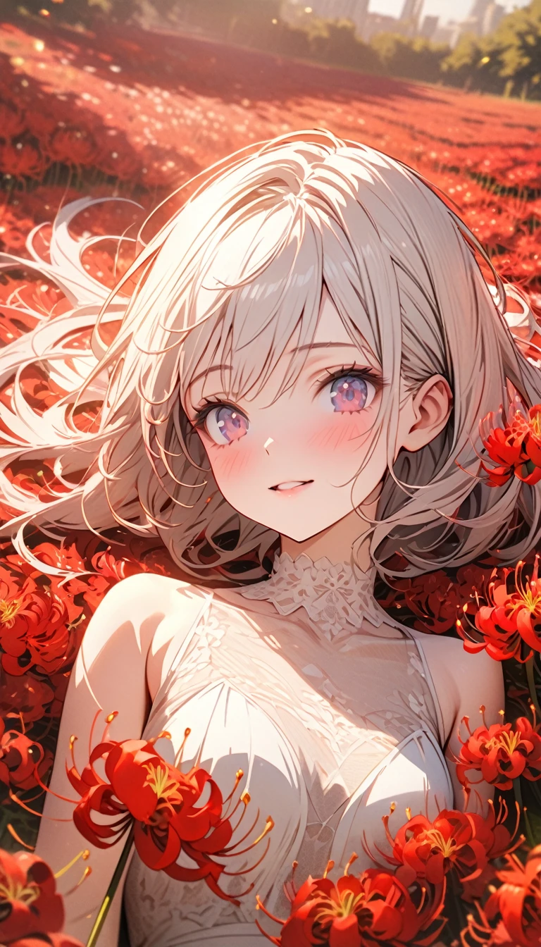 Beautiful girl with white hair, Lying in the Red spider lilyFlower Field, Red spider lily,Flower Field,Aerial perspective shooting, out-of-door, Very delicate lace, best quality, 4K, 8k, Very detailed, High Detail, masterpiece