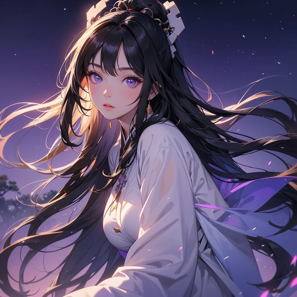 A beautiful girl with black long hair, wear white ancient chinese clothes, with the sun shining on her face, close up.

Background is a dark moonless night, with dry trees in the background, and purple glowing light