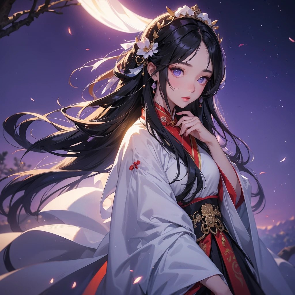 A beautiful girl with black long hair, wear white ancient chinese clothes, with the sun shining on her face, close up.

Background is a dark moonless night, with dry trees in the background, and purple glowing light