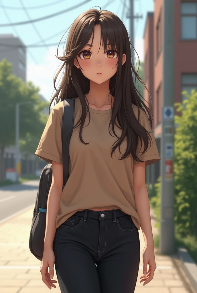 create a girl that wears light brown tshirt and black pants with school bag she has long hair also
