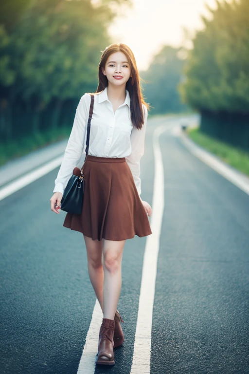 A young woman standing on the road, Blur the background, beautiful, Realistic