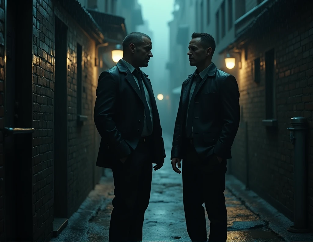 a man standing in a dark alley, a man standing in the rain, two men looking at something with a sad and shocked expression, dramatic lighting, moody atmosphere, cinematic composition, realistic, photorealistic, 4k, highres, best quality, masterpiece, ultra-detailed, dramatic shadows, desaturated colors, gritty, grunge, cinematic, high contrast