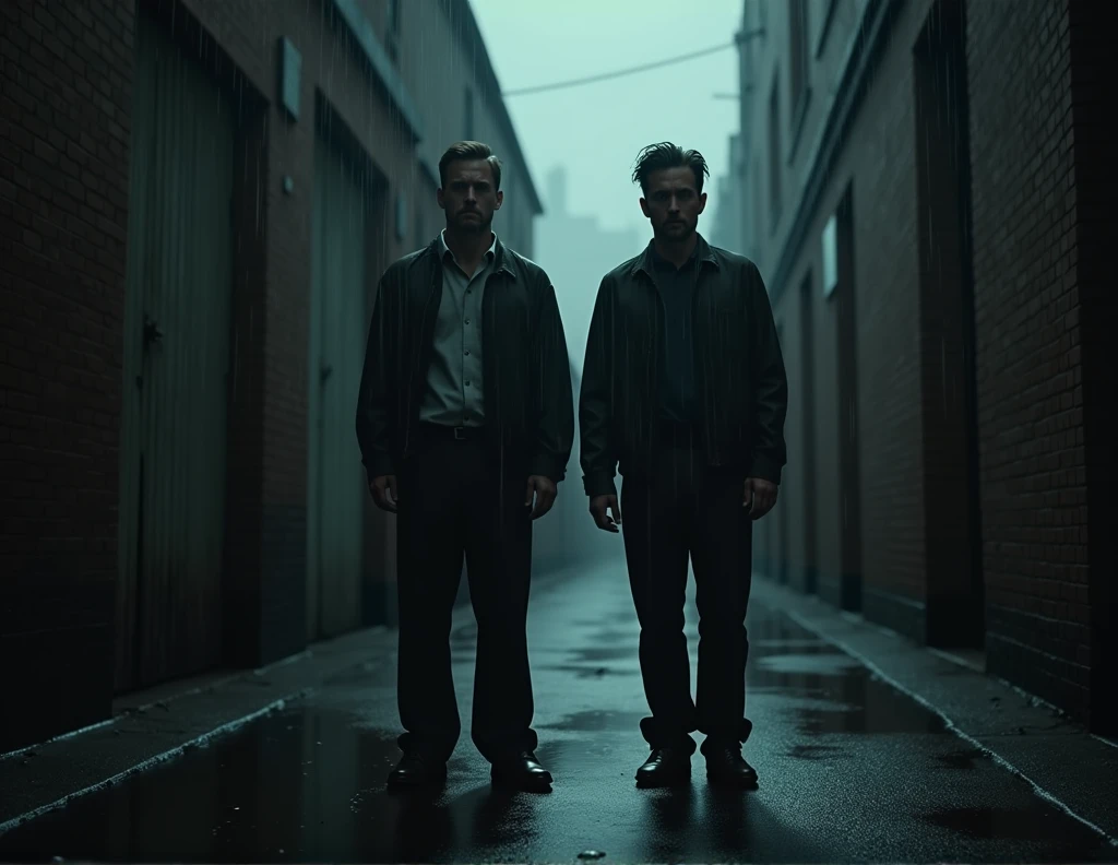 a man standing in a dark alley, a man standing in the rain, two men looking at something with a sad and shocked expression, dramatic lighting, moody atmosphere, cinematic composition, realistic, photorealistic, 4k, highres, best quality, masterpiece, ultra-detailed, dramatic shadows, desaturated colors, gritty, grunge, cinematic, high contrast