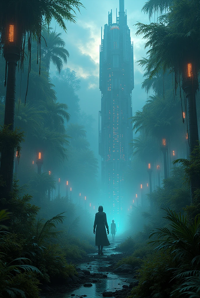A cyberpunk extra terrestrial rain forest with extraterrestrial alien architecture with aliens in the forest mist smog and fog with digital uv glowing lightings twilight