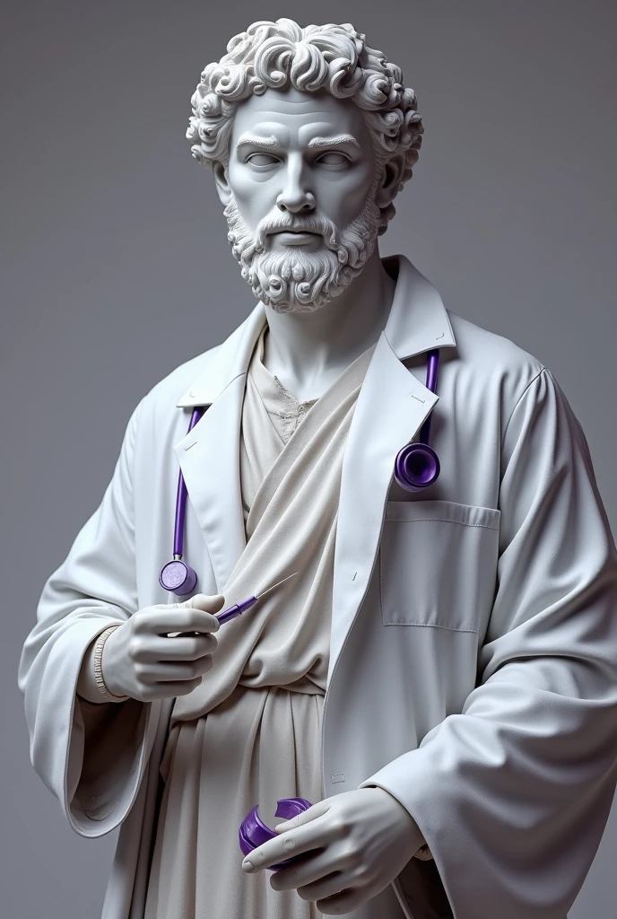 Greek statue dressed in a DOCTOR'S LAB COAT AND INSTRUMENTS WITH PURPLE DETAILS CLOSE UP