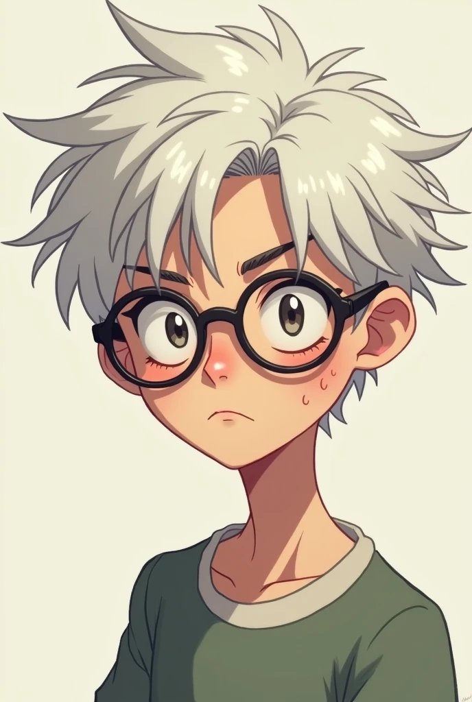 Ugly Nerdy anime boy with pimples and glasses and white hair