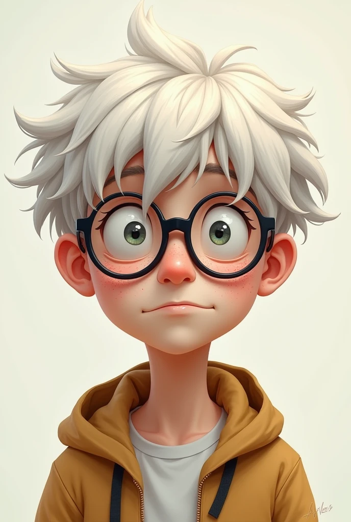 Ugly Nerdy anime boy with pimples and glasses and white hair