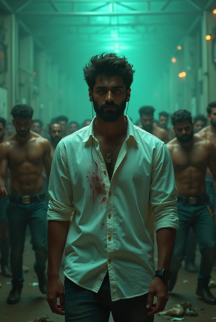 Main character:-actor ram charan with body with white shirt and black jeans and black shoes in his shirt blood drops are visible and listings music in wire earphone and smiling with chill mood. And
Background:- in the glass place every were every where in was blood and dead body laying in the floor. Dead body are there in dim green lighting
Villains:- huge body builders more than 50 peoples with dangerous weapon and move the weapons towards main character and in full angry mood going to kill white shirt man and all body builders look him