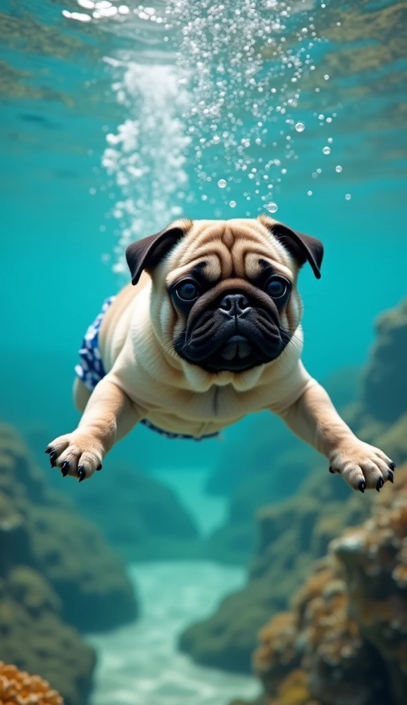 realistic photo, 34k, A puppy pug in swimming trunks, diving to the bottom of the sea, he exhales air and creates bubbles from under the water, photo