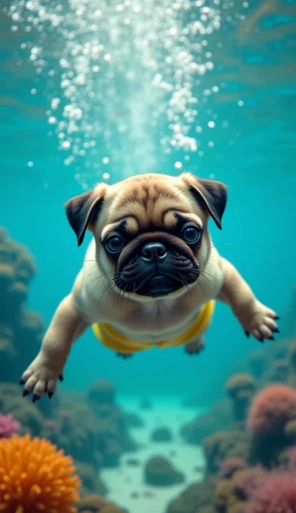 realistic photo, 34k, A puppy pug in swimming trunks, diving to the bottom of the sea, he exhales air and creates bubbles from under the water, photo