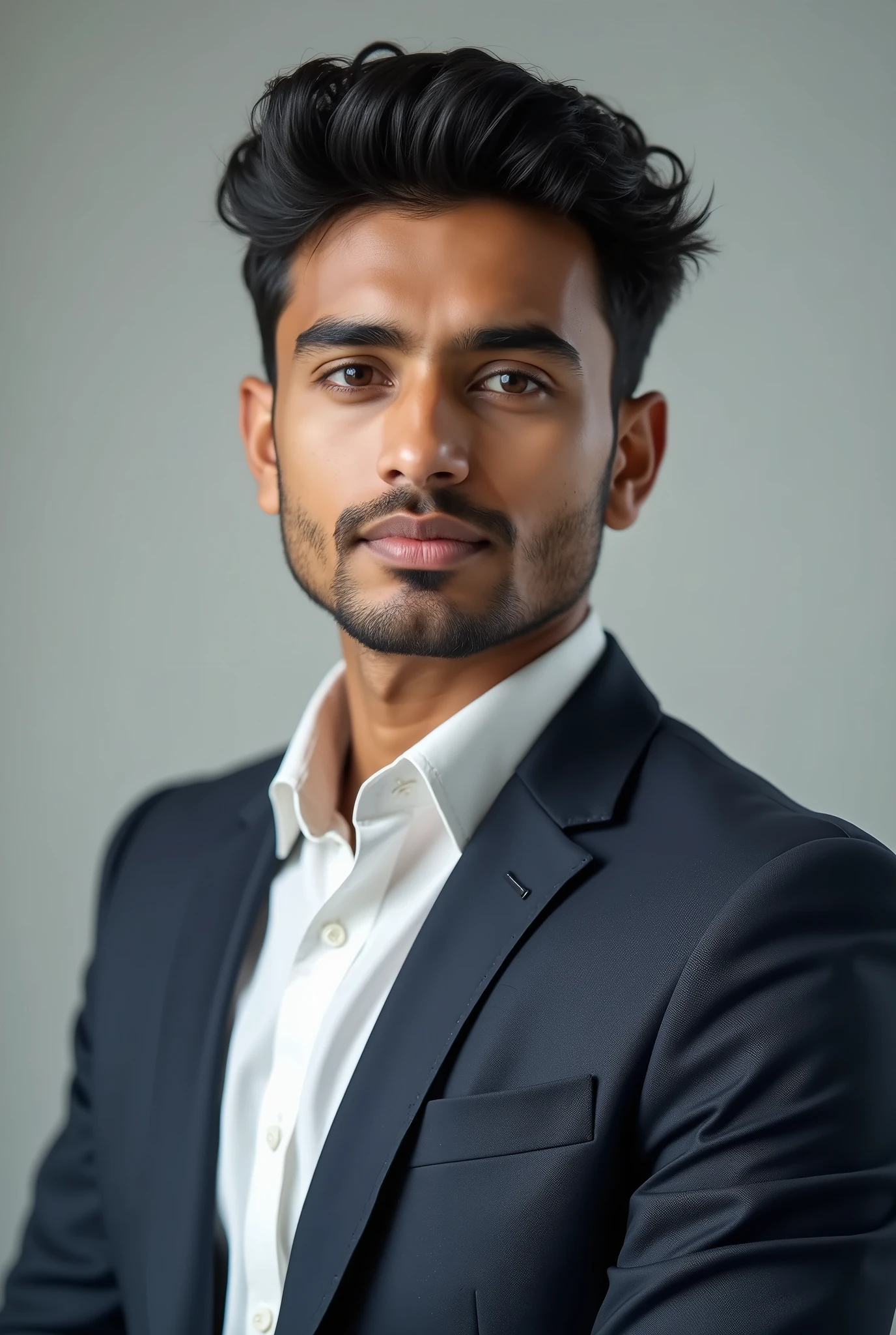 21 year old Indian man with black hair in a business suit, portrait, looking directly at the camera, headshot, shaved