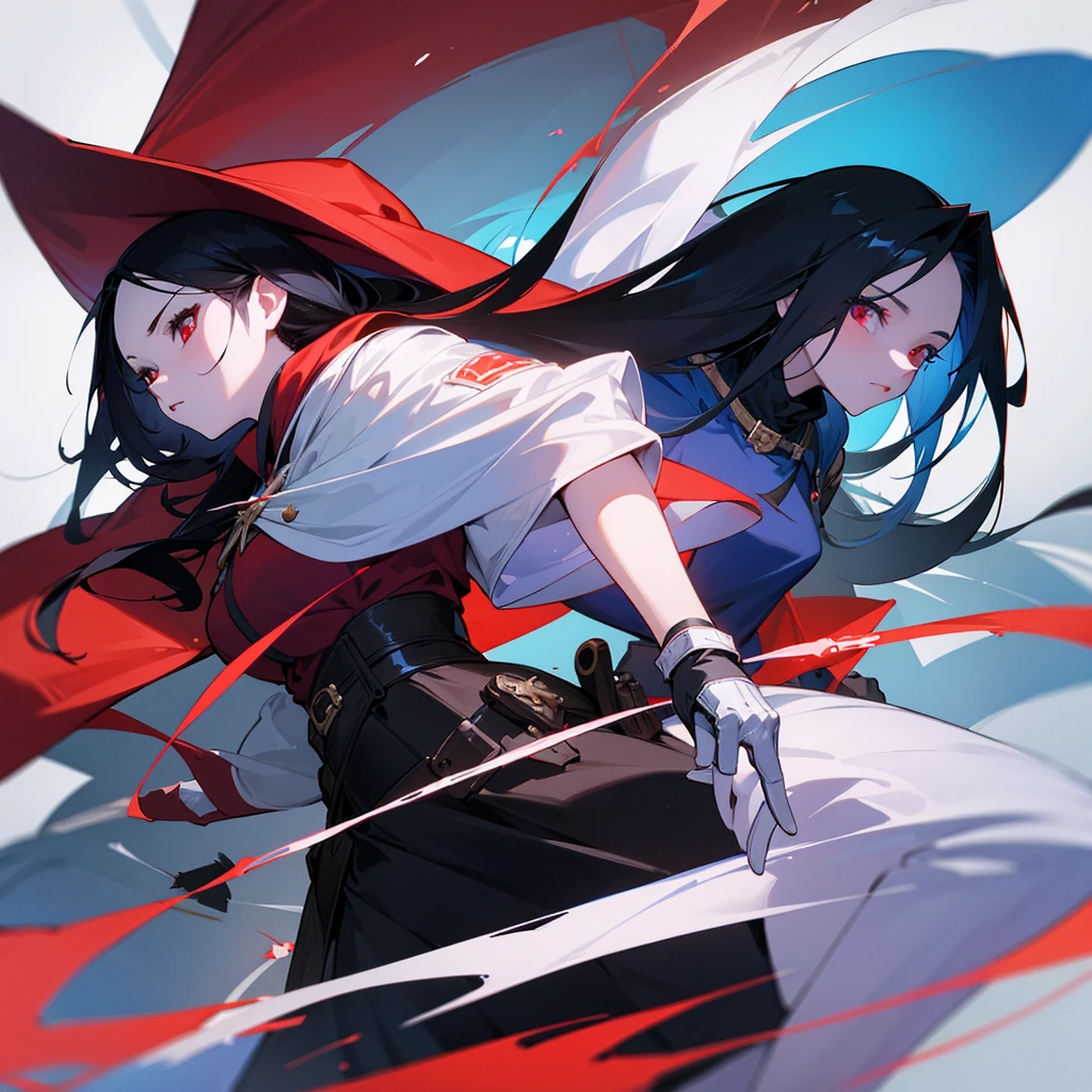 woman, female, delightful, long hair, shiny hair, straight hair, blue accent black hair, red eyes, pale skin, glamorous, skirt, black hood, gloves, belt, waist pouch, wizard, cute, fantasy, face