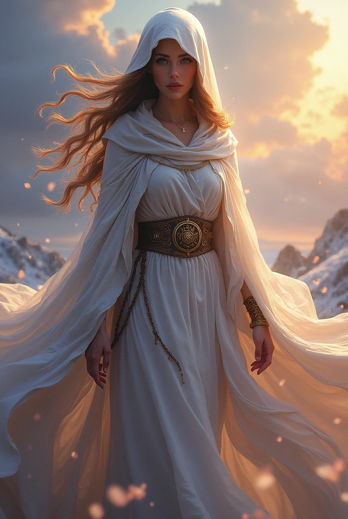 Grandmaster of Air, female, realistic, hooded cloak, beautiful, mystic, young
