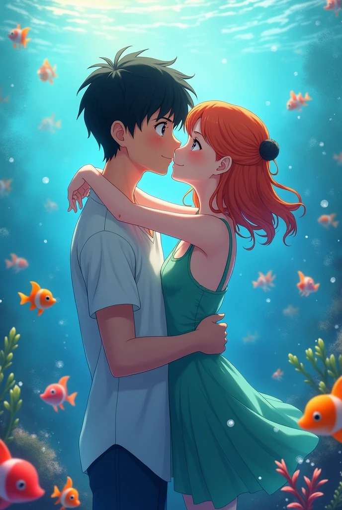 Wallpaper,masterpiece,High resolution,8K, anime
( ash_pokemon; black hair, brown eyes,man)(Misty_Pokemon)(1 18-year-old girl)
(Orange Hair,one side up hair, close eyes,Small breasts,Skinny, beautiful smile) cute girl, siren, kiss couple, kiss underwater,love