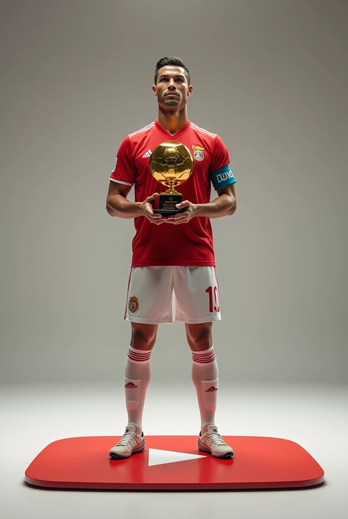 Create a photo footballer Ronaldo get golden button from YouTube and stay on YouTube logo