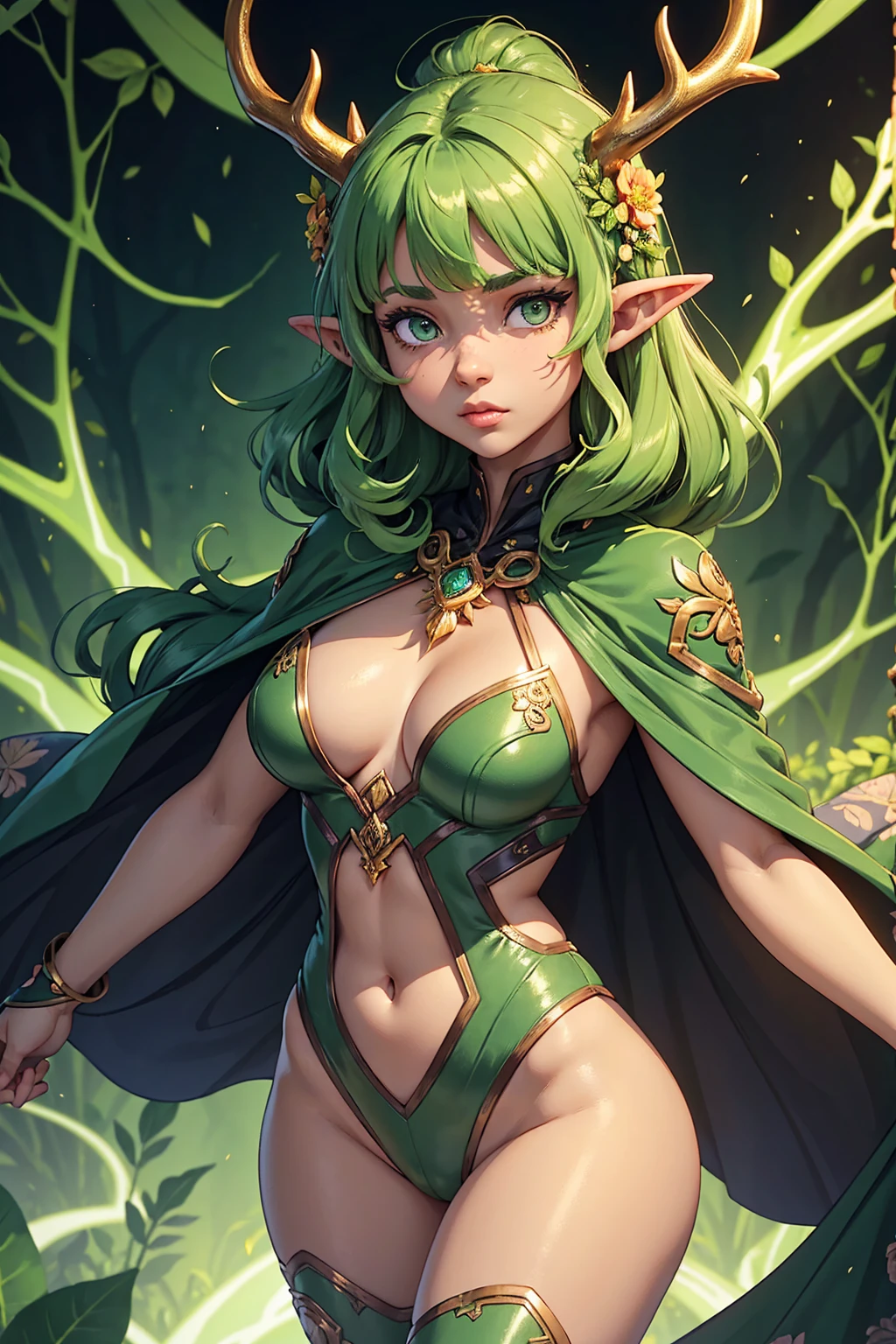 Jungle like environment. A full body-shot of a young African-American Woman with a deep rich brown skin. She short has leaf green curly hair & is wearing a form-fitting bodysuit with a deep neckline, exposing much of her chest area & slightly revealing mythic flowing Black-Purple-Green cloak with Golden Floral designs. She has Stern gaze in her heterochrome eyes, with her left eye being a deep green and her right eye a light gold. She has long crystal blue antlers radiating Floral energy & a set of quaint elven ears. She has a small cute nose She is seen in a battle stance radiating a floral energy