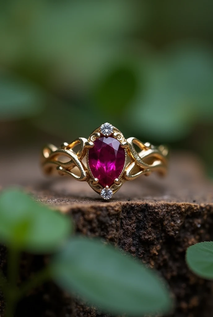 Elegant stone engagement ring with roots and leaves, a ruby