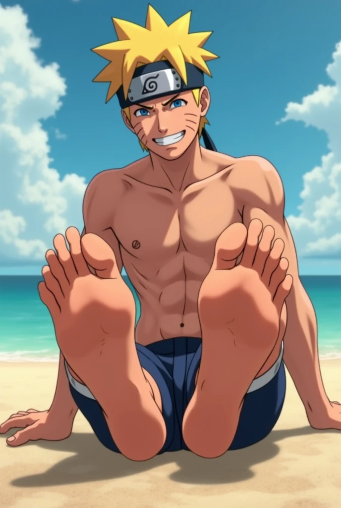 Animated image showing realistic style with HD quality of Naruto Uzumaki barefoot Sitting on the beach smiling shirtless Showing the sole of his feet close to the camera 4 toes and 1 thumb on each foot 2 feet Showing soft texture details Showing lighting on his feet Showing perfect feet Showing six pack Anatomically correct animation Dick out
