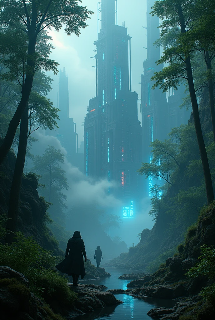 A cyberpunk extra terrestrial rain forest with extraterrestrial alien architecture with aliens in the forest mist smog and fog with digital uv glowing lightings twilight