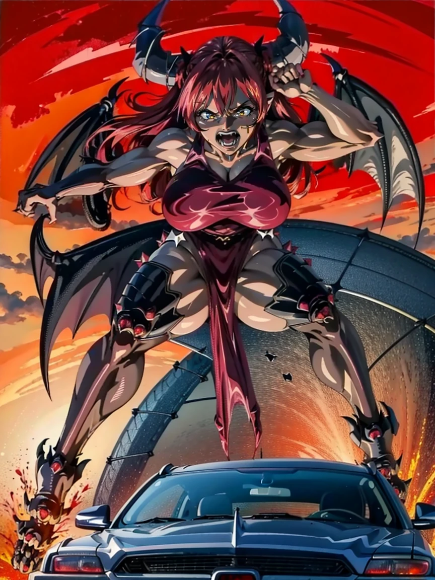 （Giant Elements、High resolution、High resolution、high quality、Accurate body structure、Detailed body）、(Angry devil woman stomps on car:1.6)
