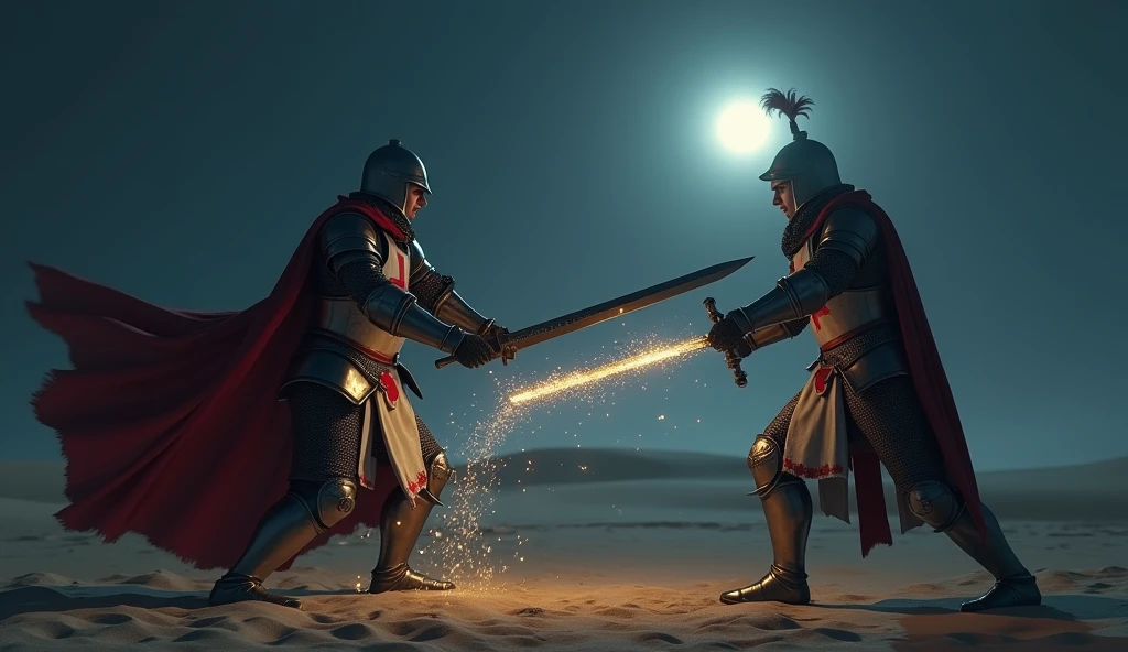 A highly realistic, high-contrast, 8K HD, detailed, hyper-detailed image of a Crusader knight, clad in steel armor with a red cross on his tunic, engaged in a tense 1v1 duel against a knight wearing armor adorned with a lion emblem. The scene is set in a vast desert at night, with the moonlight casting a pale glow over the combatants and the sand beneath them. The Crusader’s sword clashes against the lion-emblazoned knight’s weapon, sparks flying in the cold night air. The atmosphere is filled with tension and anticipation, as the two warriors face each other with determination and resolve. The desert surroundings are bathed in soft, eerie moonlight, with the distant dunes barely visible under the dark sky. The image is of the highest quality, with ultra-high resolution, RAW photo quality, and Unreal Engine rendering, capturing the epic and dramatic nature of this night-time duel in the desert.