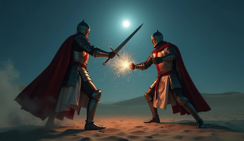 A highly realistic, high-contrast, 8K HD, detailed, hyper-detailed image of a Crusader knight, clad in steel armor with a red cross on his tunic, engaged in a tense 1v1 duel against a knight wearing armor adorned with a lion emblem. The scene is set in a vast desert at night, with the moonlight casting a pale glow over the combatants and the sand beneath them. The Crusader’s sword clashes against the lion-emblazoned knight’s weapon, sparks flying in the cold night air. The atmosphere is filled with tension and anticipation, as the two warriors face each other with determination and resolve. The desert surroundings are bathed in soft, eerie moonlight, with the distant dunes barely visible under the dark sky. The image is of the highest quality, with ultra-high resolution, RAW photo quality, and Unreal Engine rendering, capturing the epic and dramatic nature of this night-time duel in the desert.